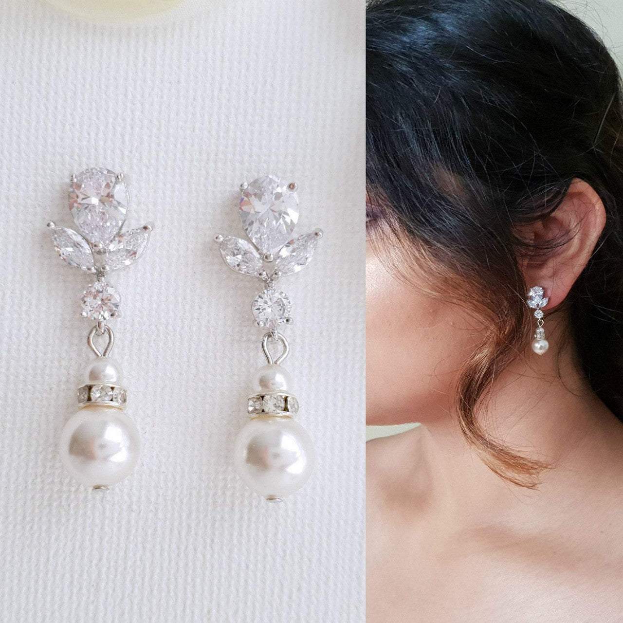 Gold Earrings for Weddings with Pearl Drops-Nicole