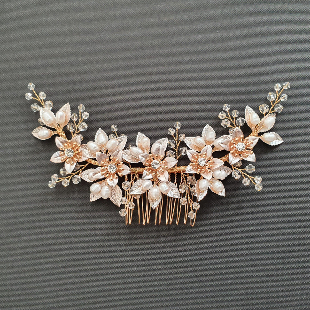 Statement Bridal Hair Comb With Gold leaves and Flowers-Liana