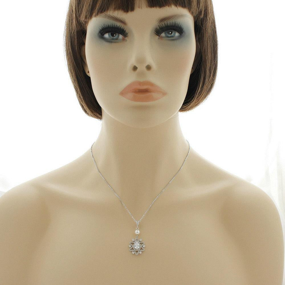 Bridal Necklace, Pendant Wedding Necklace, Crystal Drop Bridal Necklace, Pearl Silver Pendant Necklace, Bridal Jewelry, Fiona