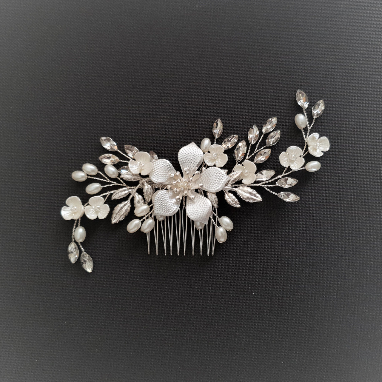 Jewelled Rose Gold Bridal Hair Comb with Pearl & Crystal Leaves-Freya