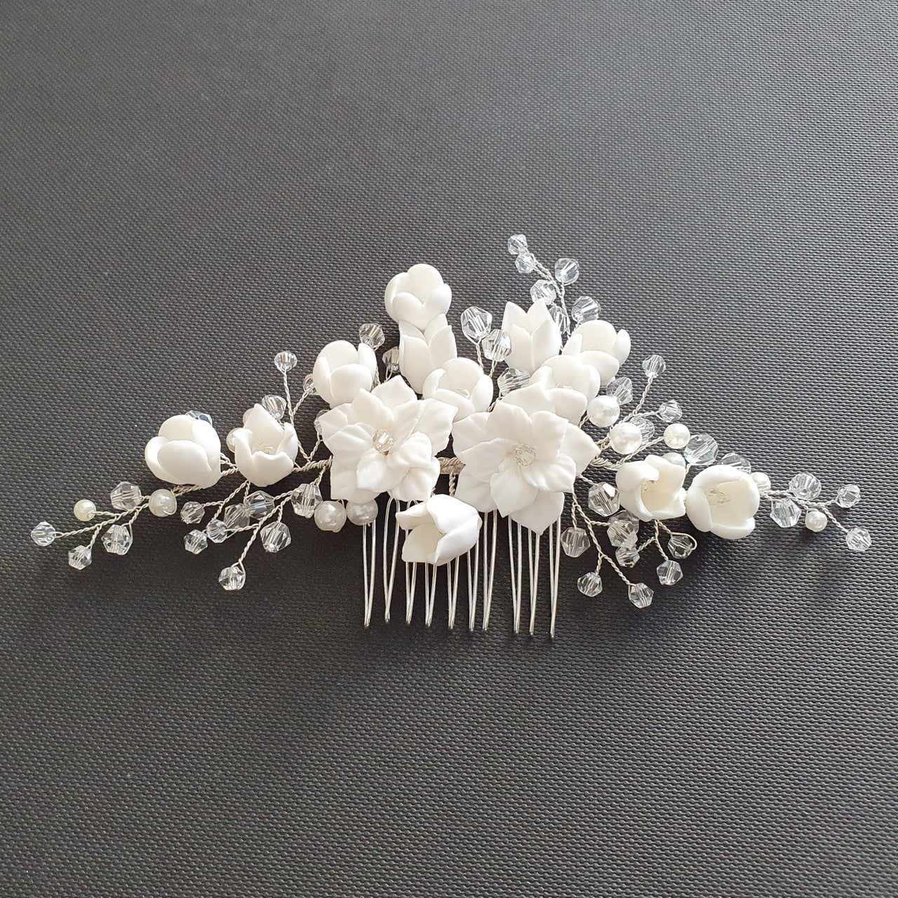 Flower and Crystal Bridal Hair Comb in Silver-Tulip