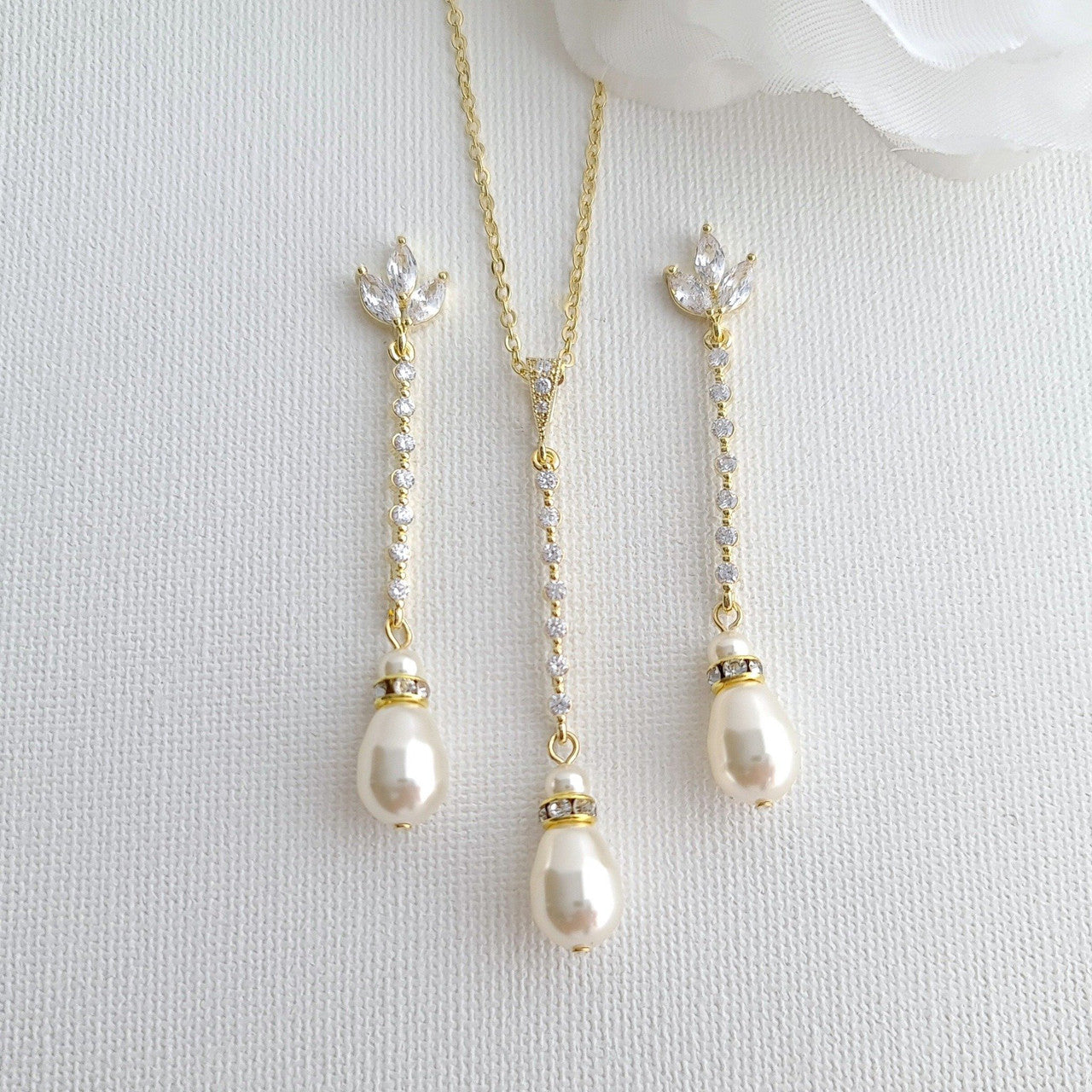 Long Pearl Drop Earrings and Necklace Set- Jodi