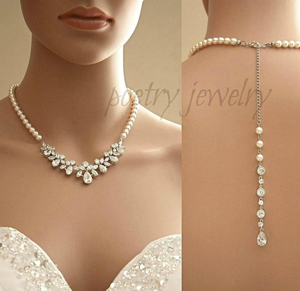 Back Bridal Necklace in Crystal and Pearl Backdrop for Wedding-Nicole