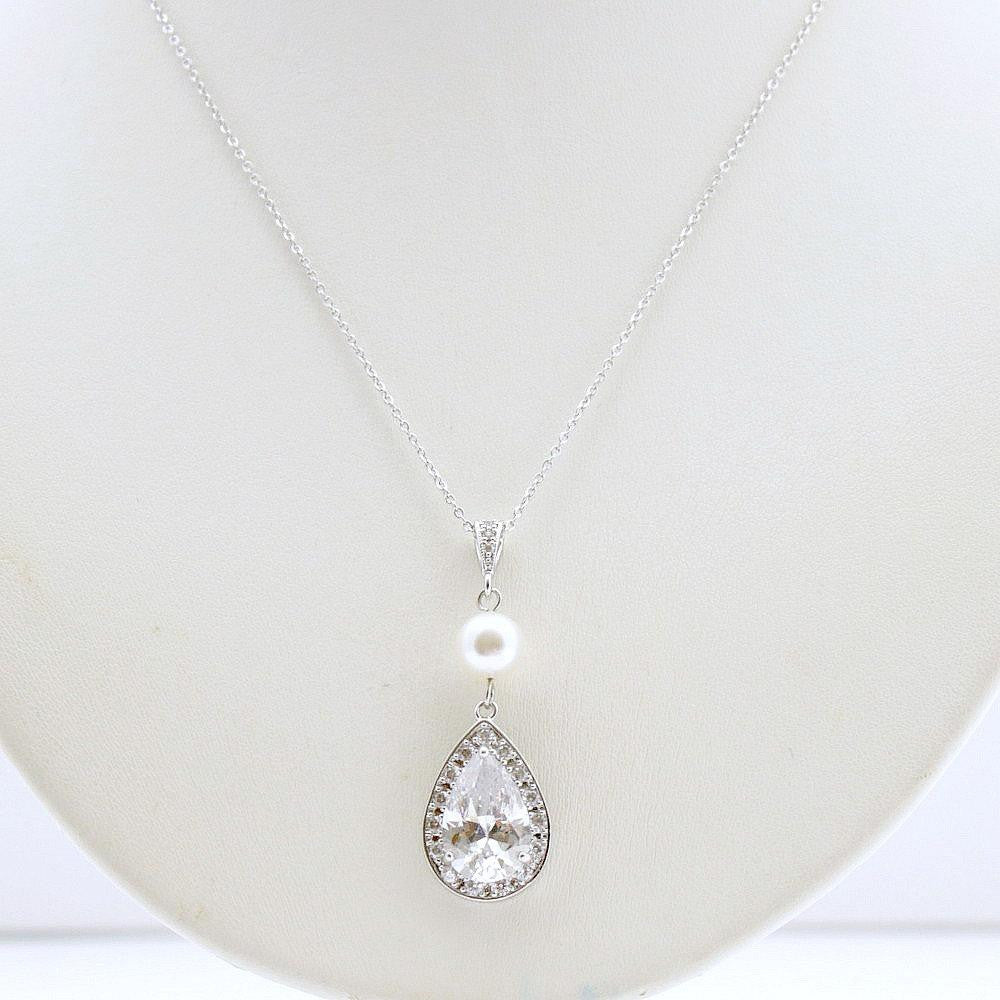 Bridal Necklace, Crystal Wedding Necklace, Rose Gold, Gold, Large Cubic Zirconia Teardrop, Crystal Drop Pendant, Wedding Jewelry, Evita