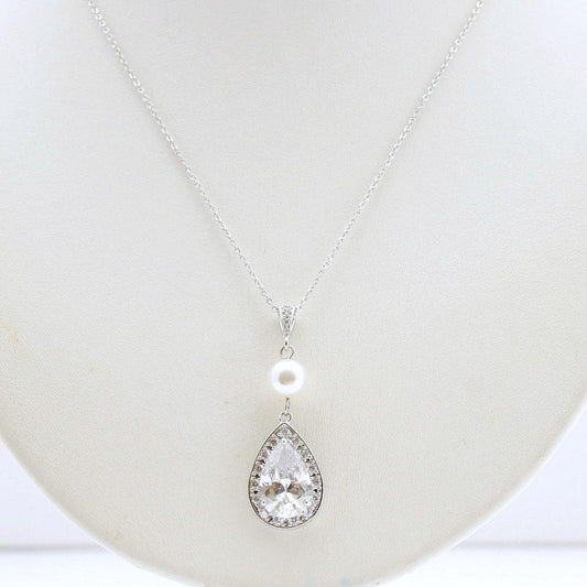 Bridal Necklace, Crystal Wedding Necklace, Rose Gold, Gold, Large Cubic Zirconia Teardrop, Crystal Drop Pendant, Wedding Jewelry, Evita