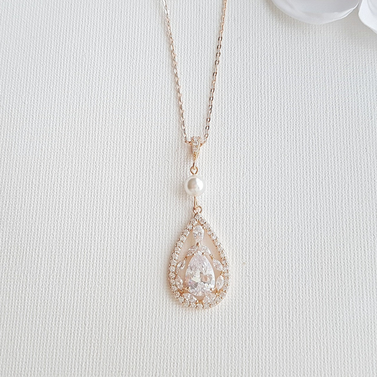 Teardrop Pendant Necklace for Wedding in Rose Gold & Pearl-Esther