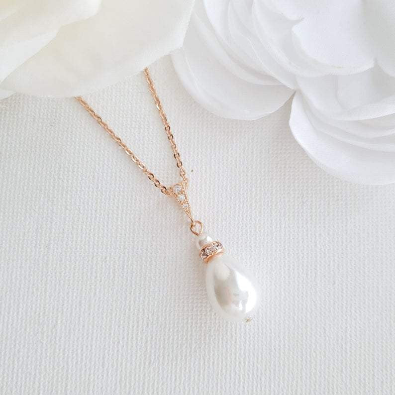 pearl teardrop pendant in rose gold for weddings- Poetry Designs
