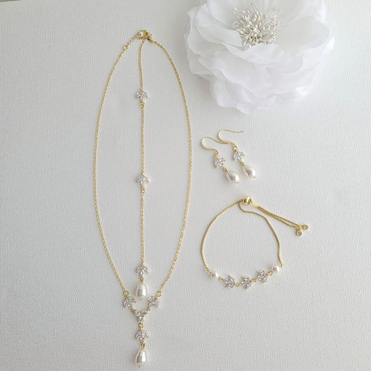 Wedding Necklace Set with Earrings & Bracelet-Gold- Leila