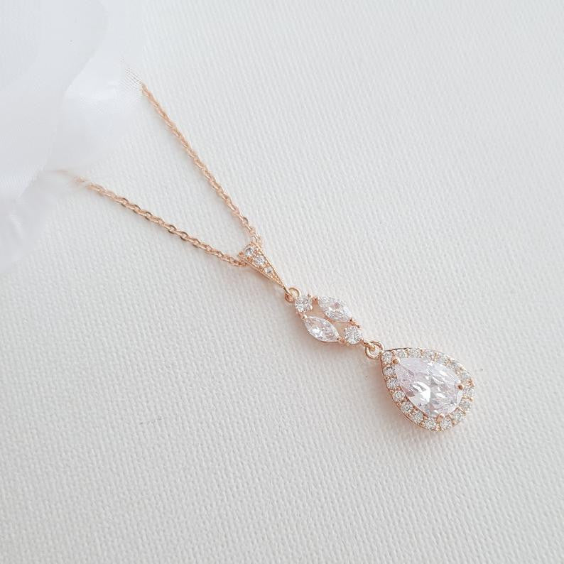 CZ Drop Pendant Necklace in Silver for Bridesmaids & Brides-Hayley