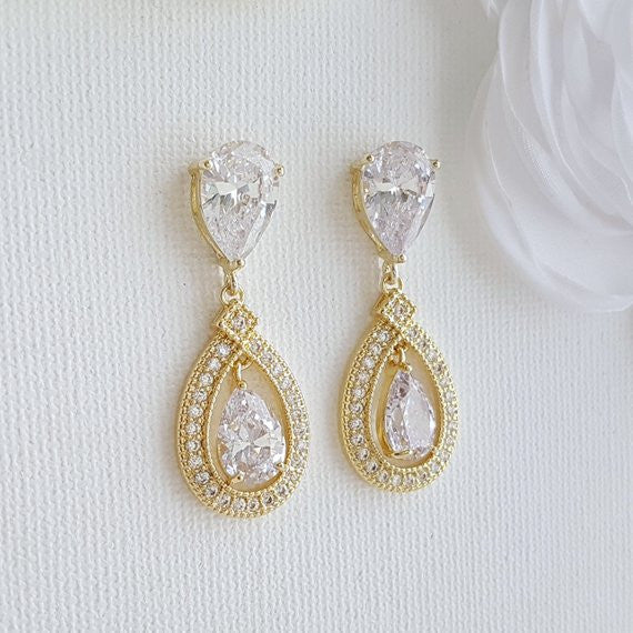 Gold Crystal Drop Earrings Weddings- Sarah
