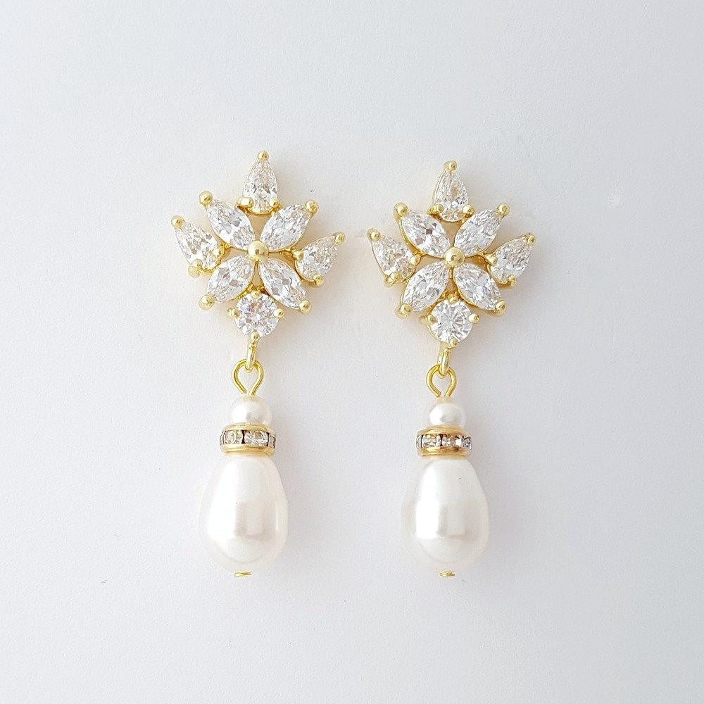Gold Drop Earrings for Weddings with Teardrop Pearls-Rosa