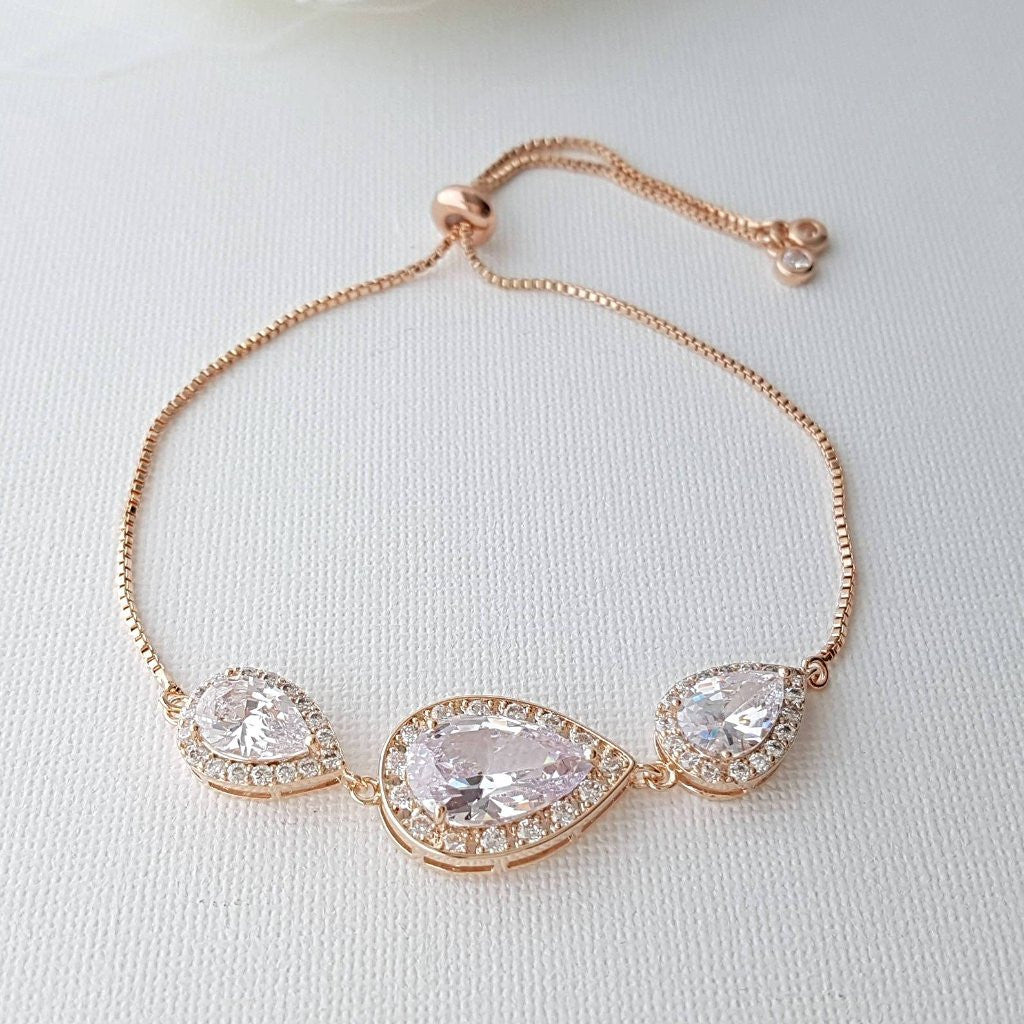 Pink Gold Teardrop Slider Bracelet for Brides Bridesmaids-Evelyn