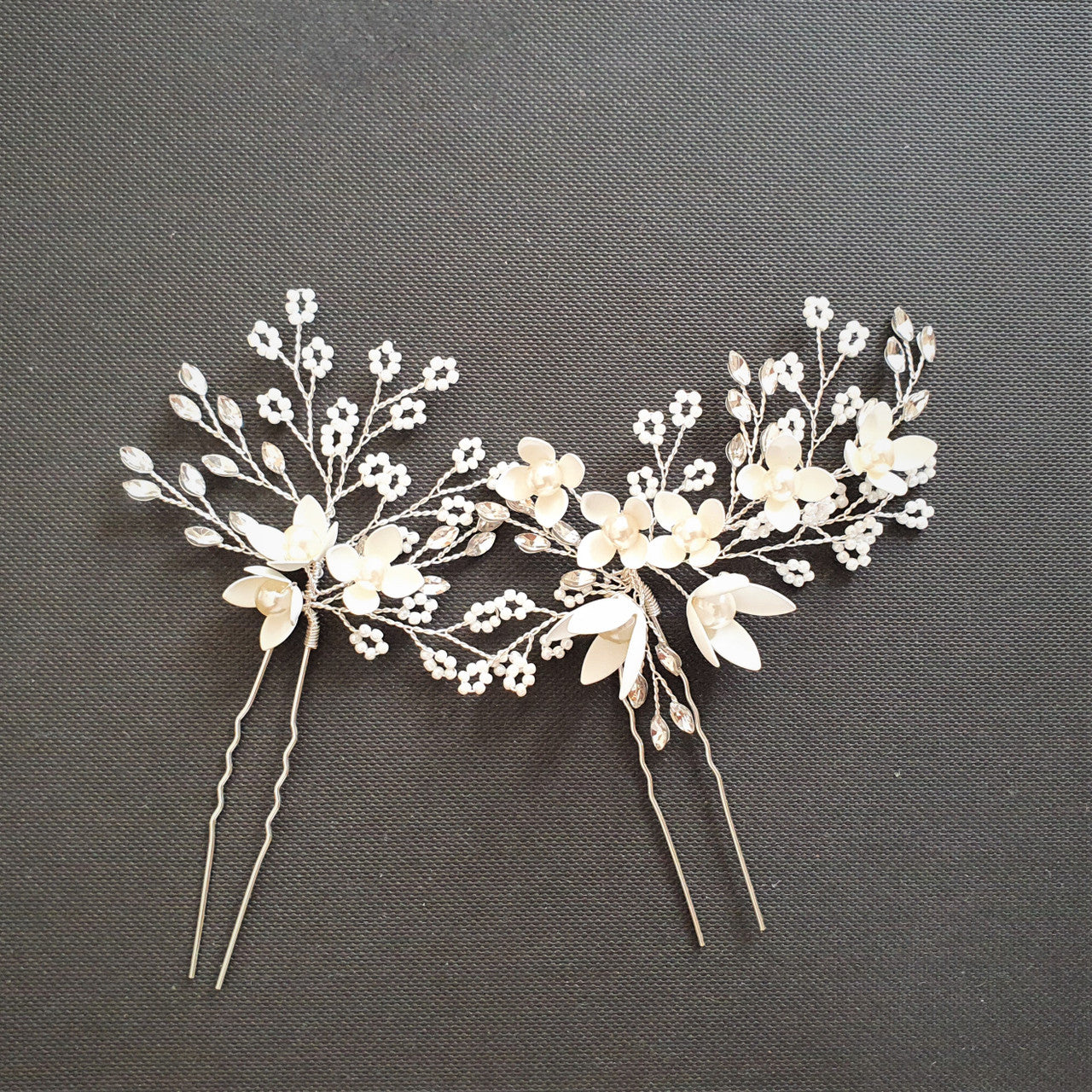 Small White Flowers Bridal Hair Pins With Pearls- Iris