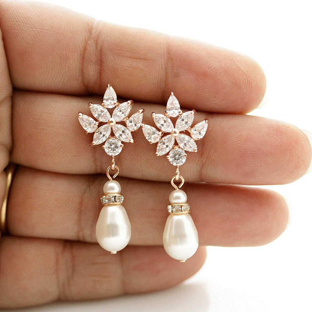 Gold Drop Earrings for Weddings with Teardrop Pearls-Rosa
