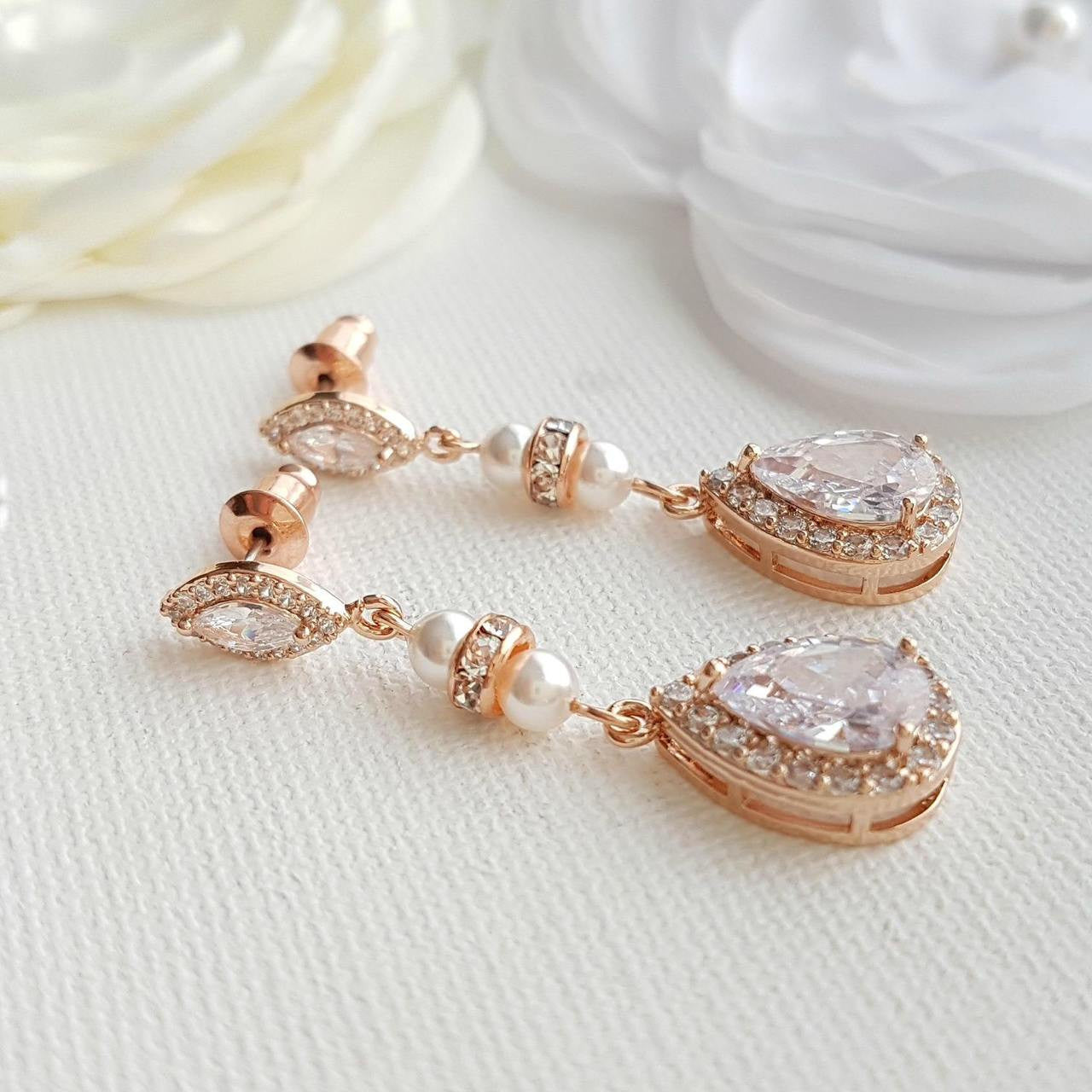 Rose Gold Drop Earrings for Bridesmaids & Weddings-Ella