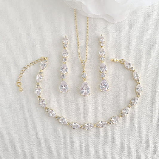 Gold Bracelet Earrings and Necklace Wedding Jewelry Set-Hazel