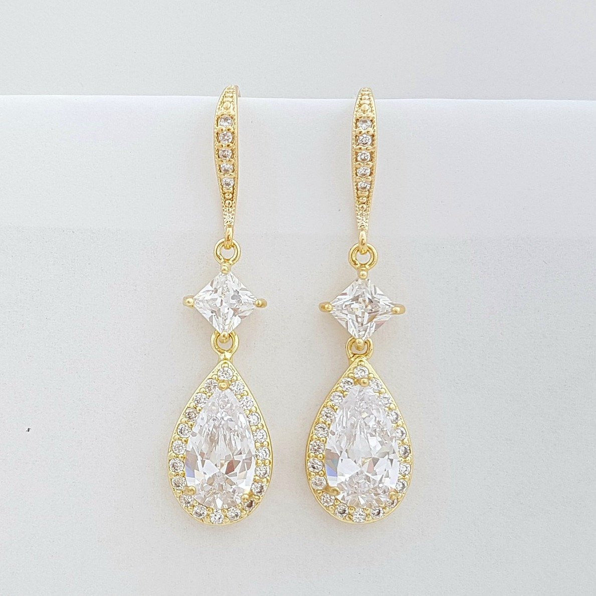 Gold Crystal Drop Bridal Earrings Gold Wedding Earrings Cubic Zirconia Gold Dangle Earrings, Lena Earrings