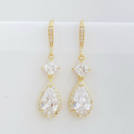Gold Crystal Drop Bridal Earrings Gold Wedding Earrings Cubic Zirconia Gold Dangle Earrings, Lena Earrings