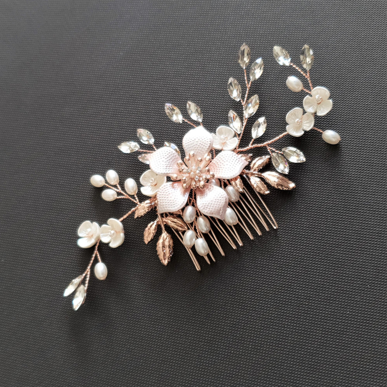 Jewelled Rose Gold Bridal Hair Comb with Pearl & Crystal Leaves-Freya