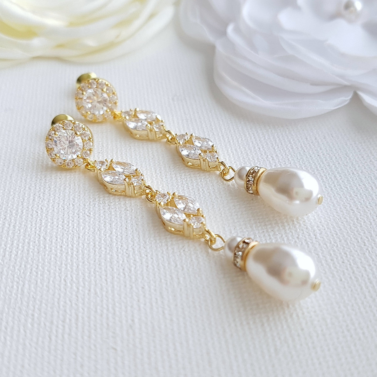 14K gold plated pearl drop wedding earrings- Poetry Designs