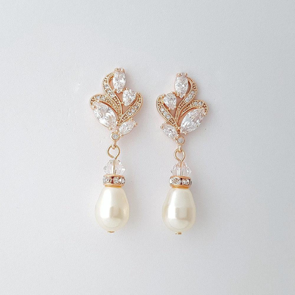 Rose Gold Bridal Earrings With Pearl Drops-Wavy