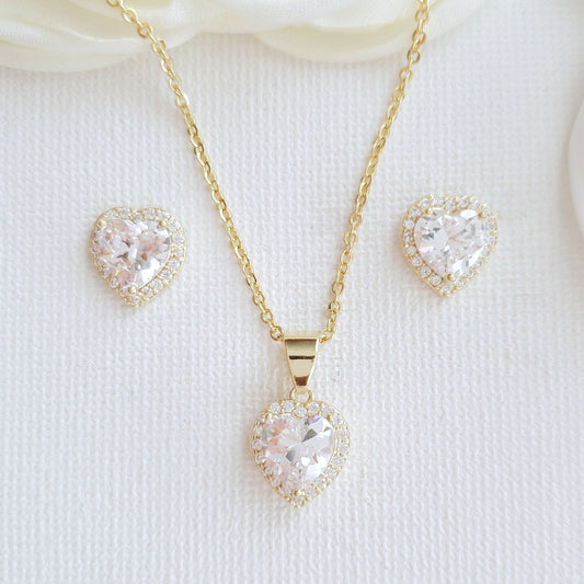 Gold Heart Necklace Set with Stud Earrings-Diana