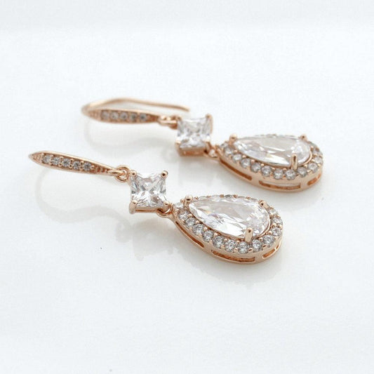 Rose Gold Earrings, Wedding Earrings, Crystal Drop Bridal Earrings, Cubic Zirconia, Gold, Dangle Earrings, Bridal Jewelry, Lena