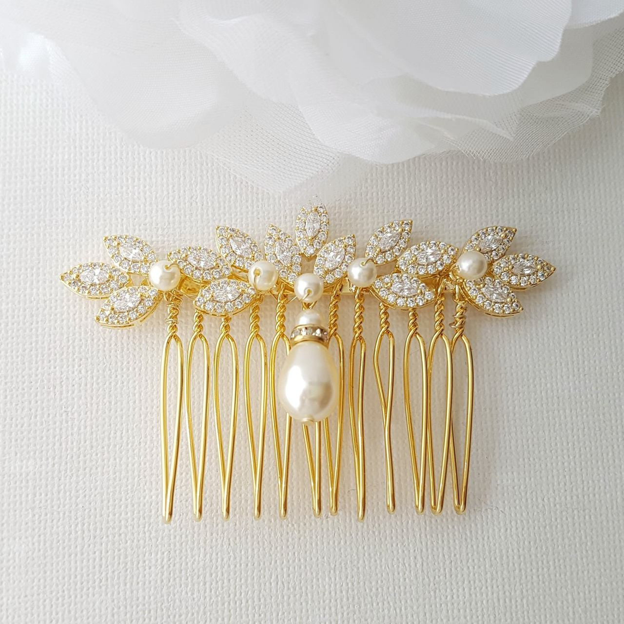 Leaf Design Rose Gold Pearl Wedding Hair Comb-Abby