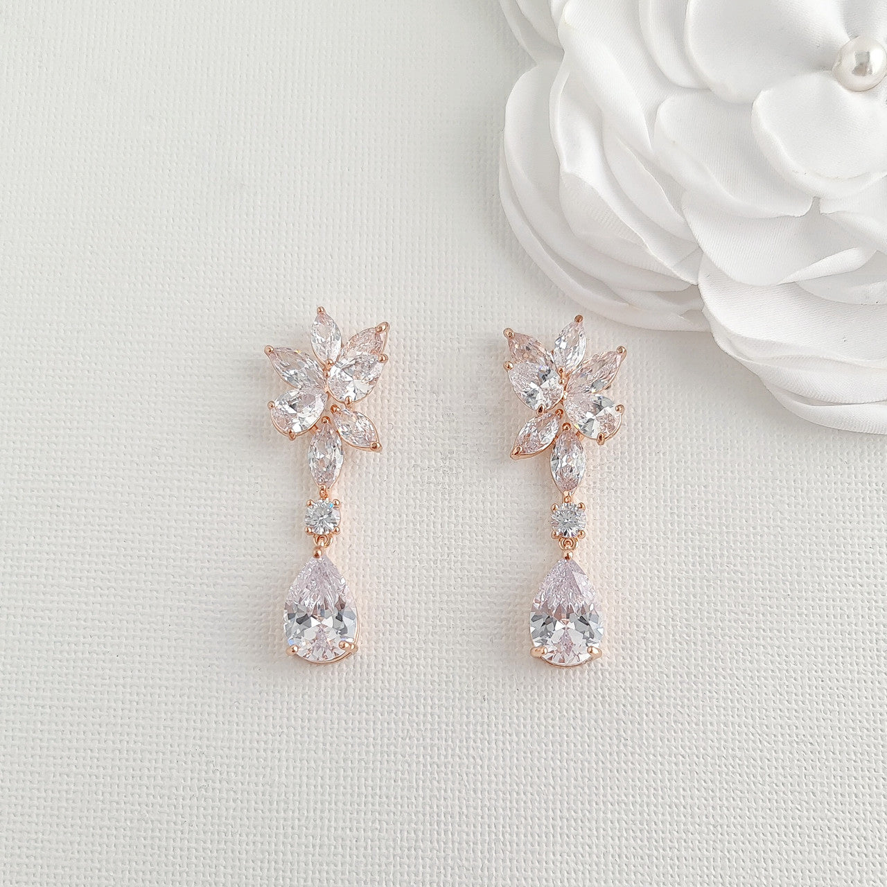Rose Gold Floral and Teardrop Earrings For Brides-Ivy