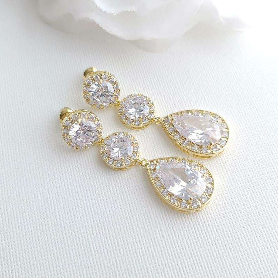 Cubic Zirconia Gold Earrings-Evita