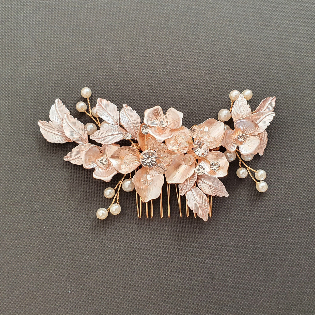 Rose Gold Flower and Leaf Hair Comb for Weddings- Azalea