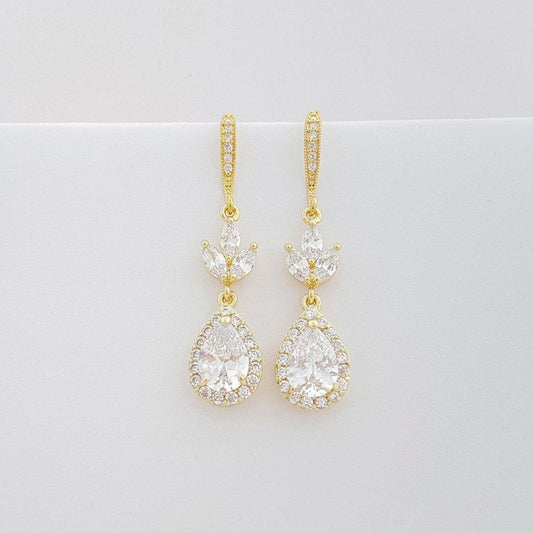 Gold Dangle Teardrop Bridal Earrings Gold Wedding Earrings Cubic Zirconia Gold Crystal Drop Earrings, Lotus Earrings