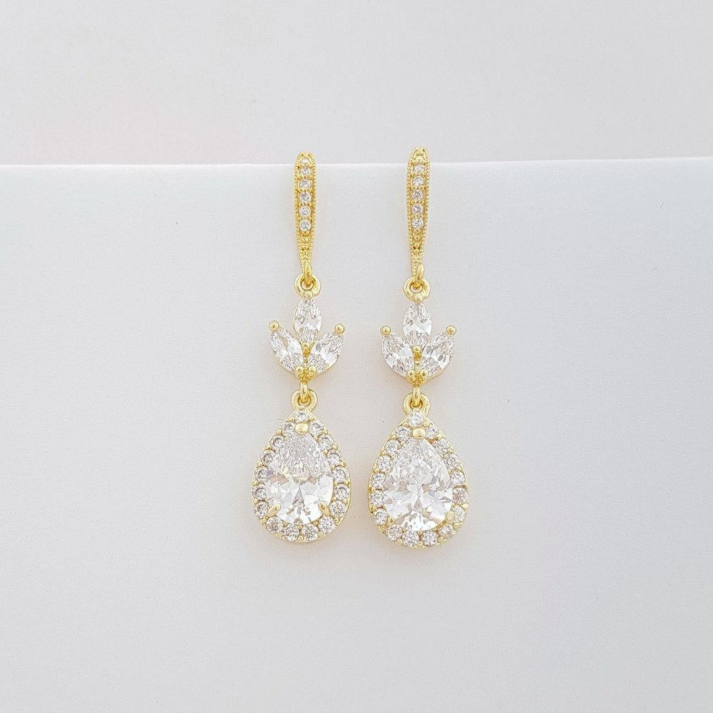 Gold Dangle Teardrop Bridal Earrings Gold Wedding Earrings Cubic Zirconia Gold Crystal Drop Earrings, Lotus Earrings