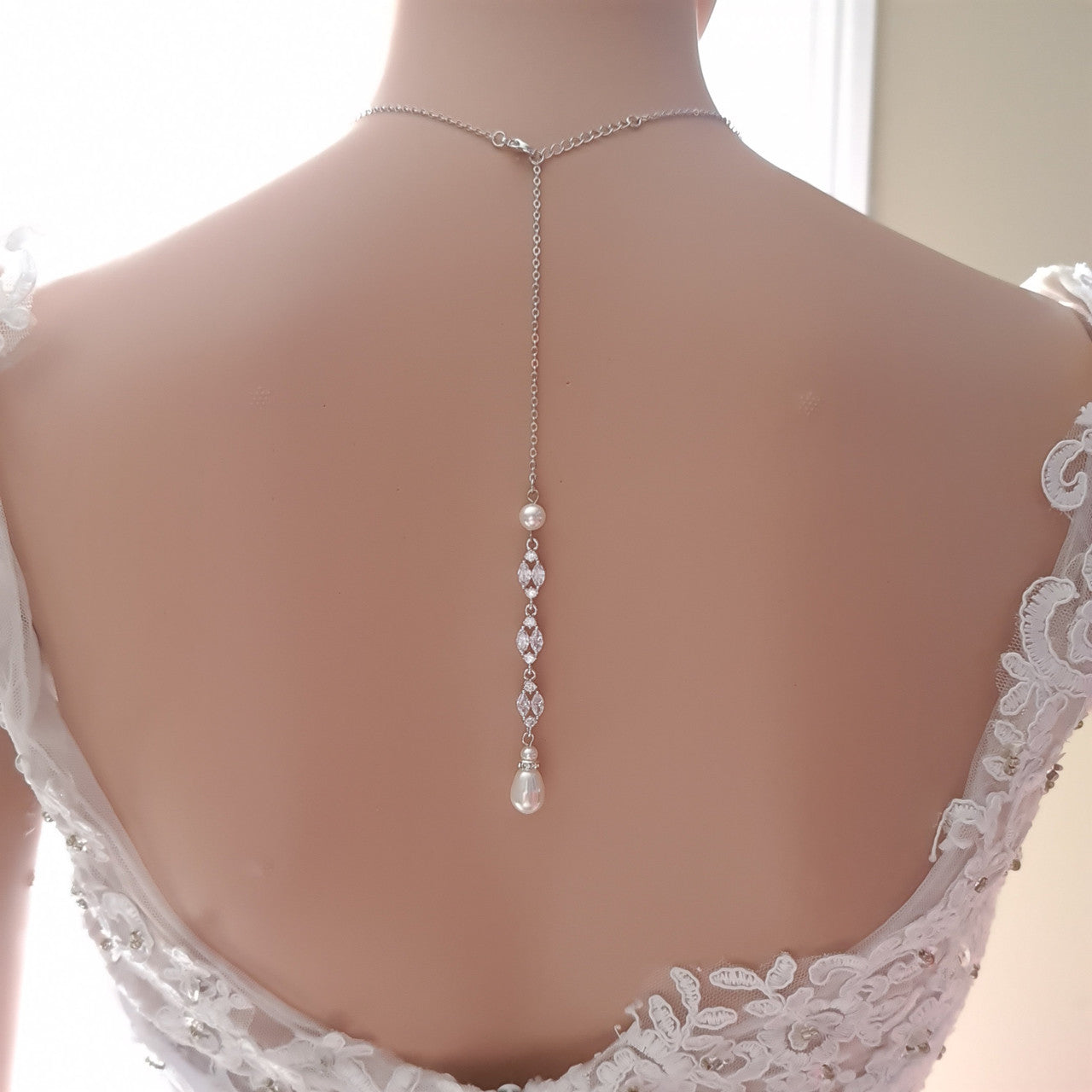 Bridal Back Necklace with Pearl & Crystal Backdrop for Weddings- Hayley