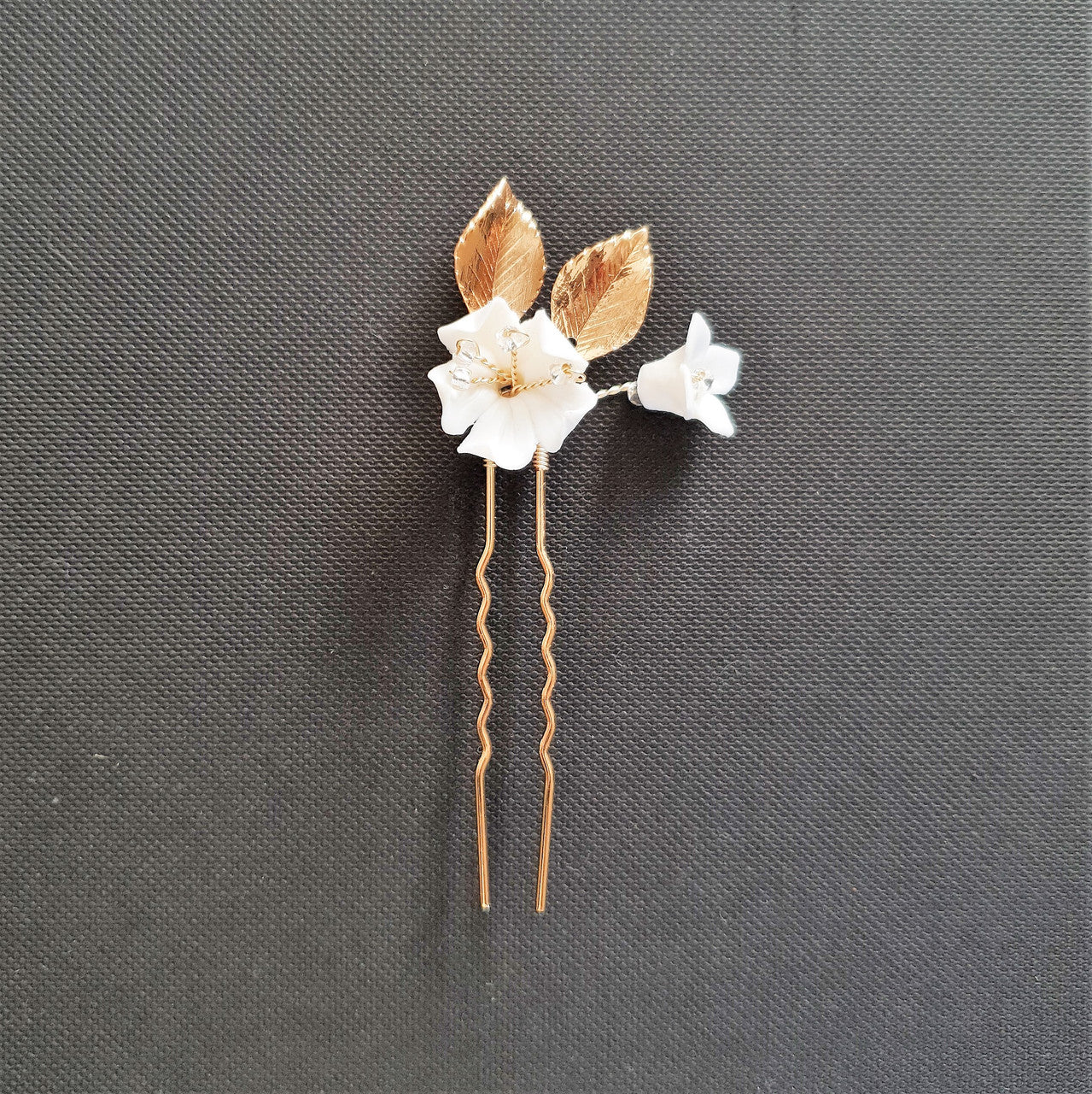 Gold Wedding Hair Pins with White Flowers-Magnolia