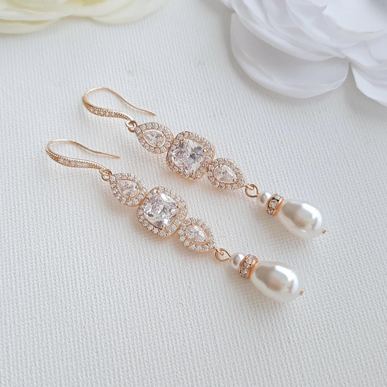 Rose Gold Pearl Drop Wedding Earrings-Gianna