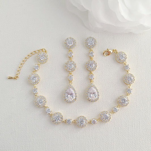 Round Crystal Earrings and Bracelet Set in Gold for Brides-Reagan