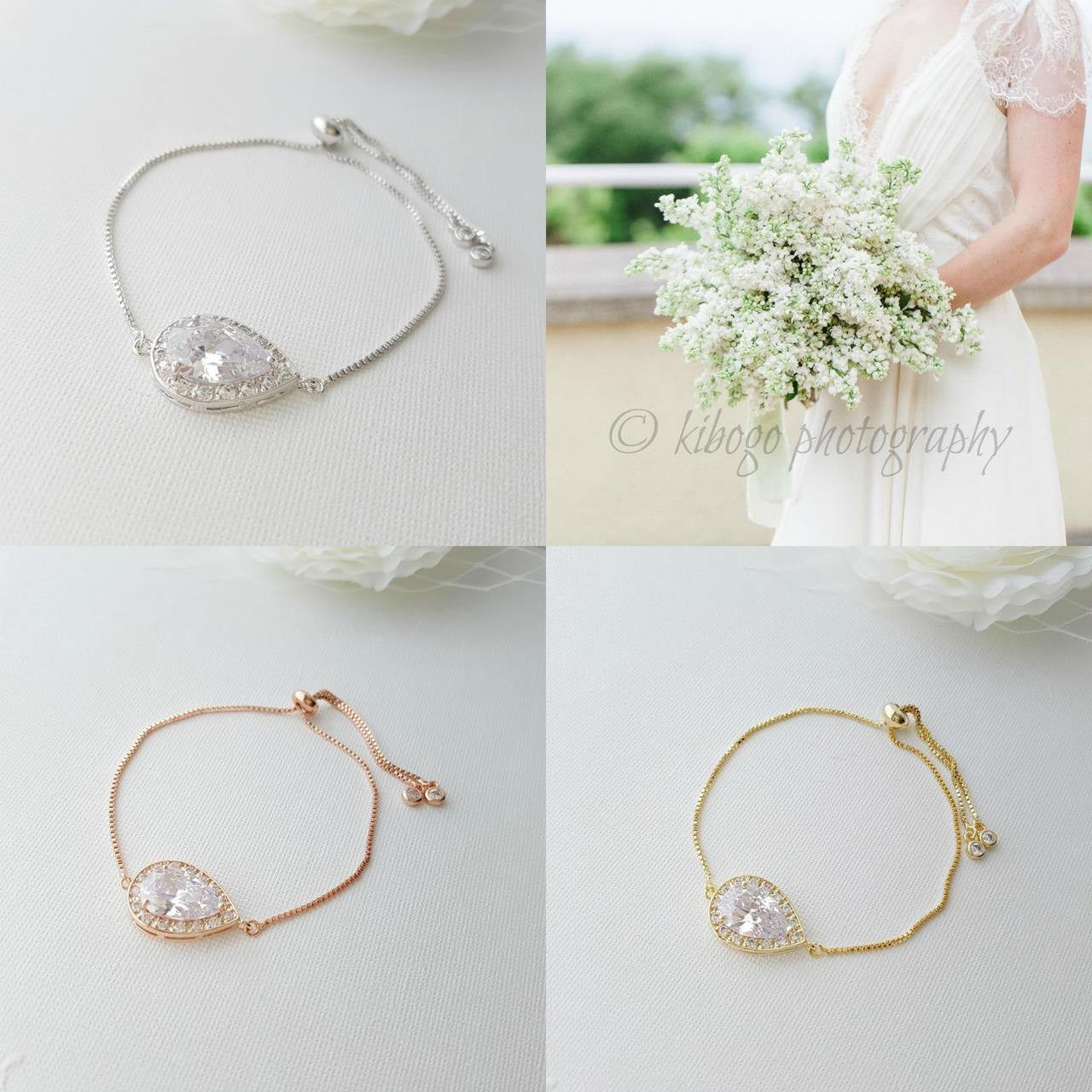 Rose Gold Simple Bracelet, Bridal Crystal Adjustable Bracelet, Rose Gold Wedding Bracelet, Bridesmaid Bracelet, Bridal Jewelry, Evelyn