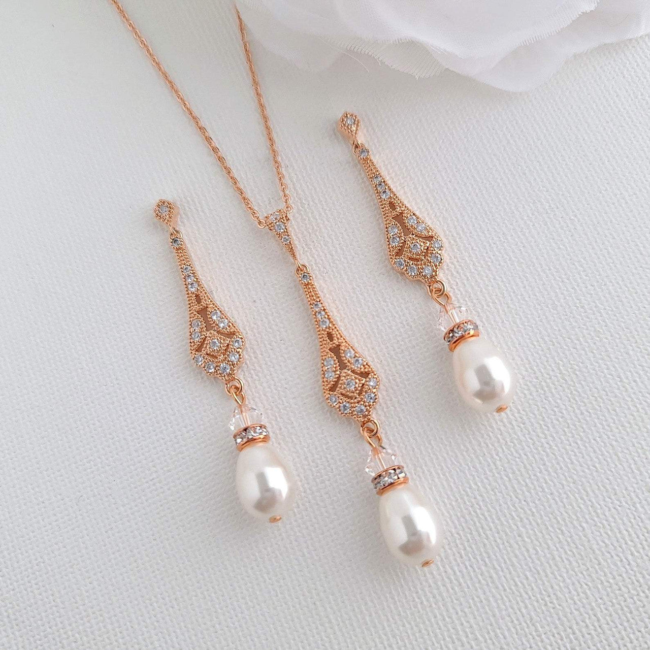 Vintage Necklace Earring Set in Rose Gold- Lisa