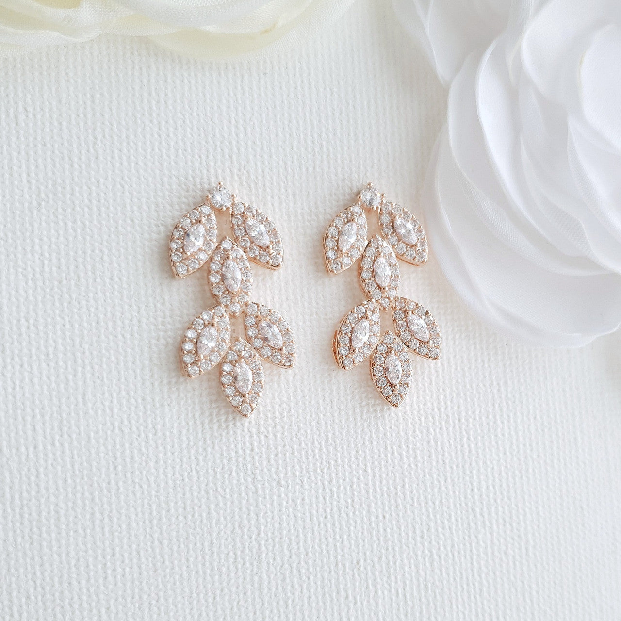 Cubic Zirconia Rose Gold Leaf Stud Earrings- Poetry Designs