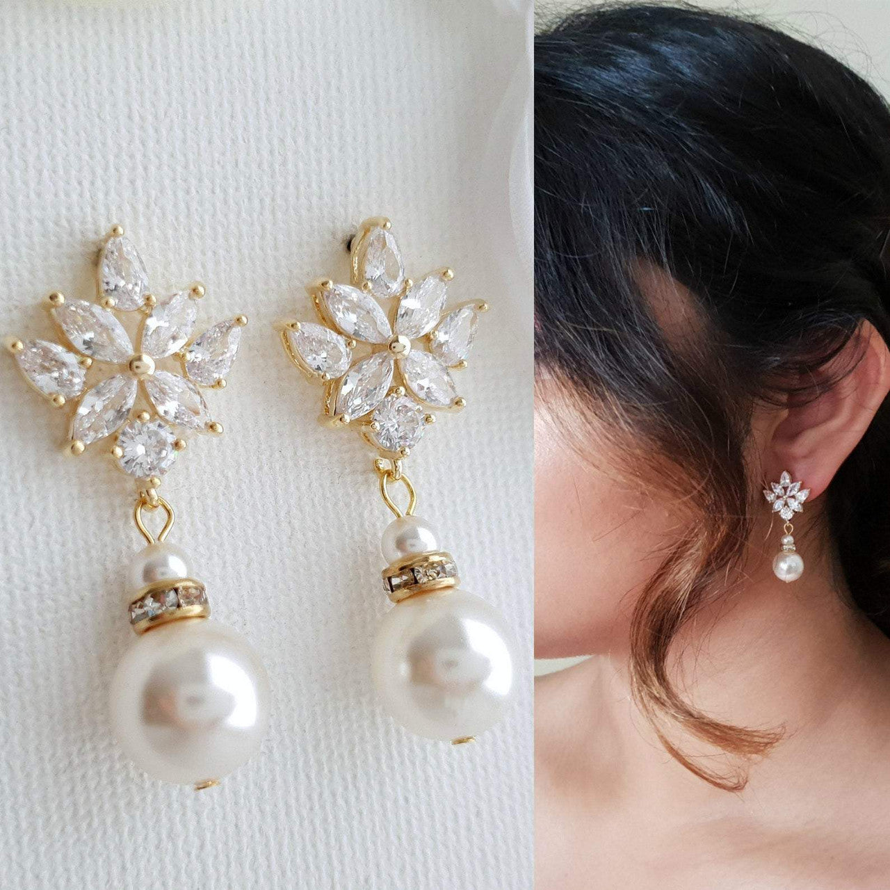 Bridal Drop Earrings Gold With Round Pearls-Rosa