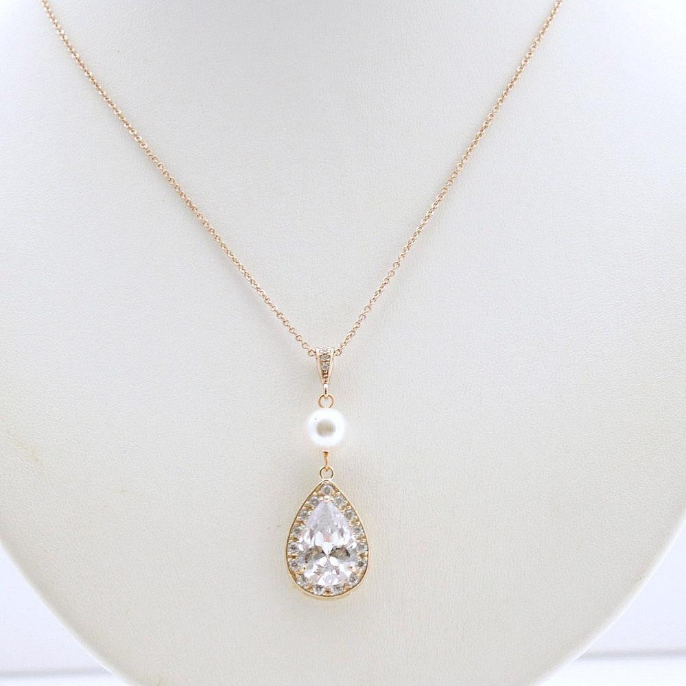 Cubic Zirconia & Pearl Teardrop Necklace for Weddings-Evita