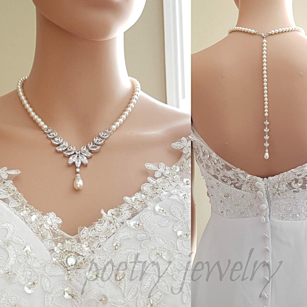 Pearl Strand & Crystal Gold Necklace for Wedding with Backdrop-Katie