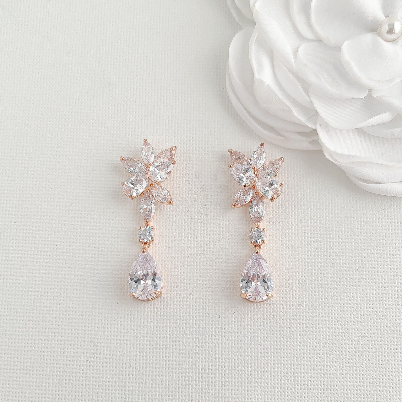 Gold Floral Bridal Earrings with Teardrops-Ivy