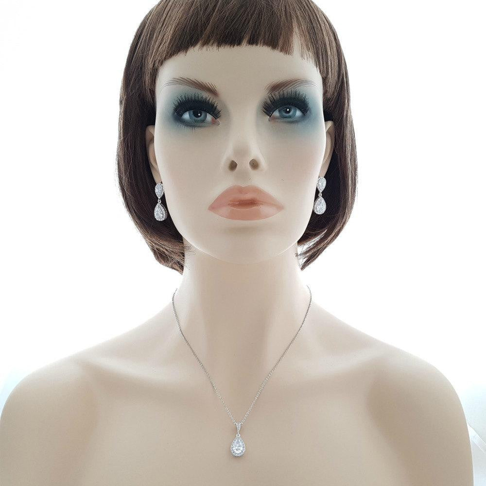 Earring Necklace Set for Brides, Crystal Wedding Set, Bridal Jewelry Set, Cubic Zirconia Teardrop Earrings Pendant Set, Emma