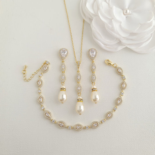 Gold Earrings Necklace Bracelet Wedding Jewelry Set-Abby