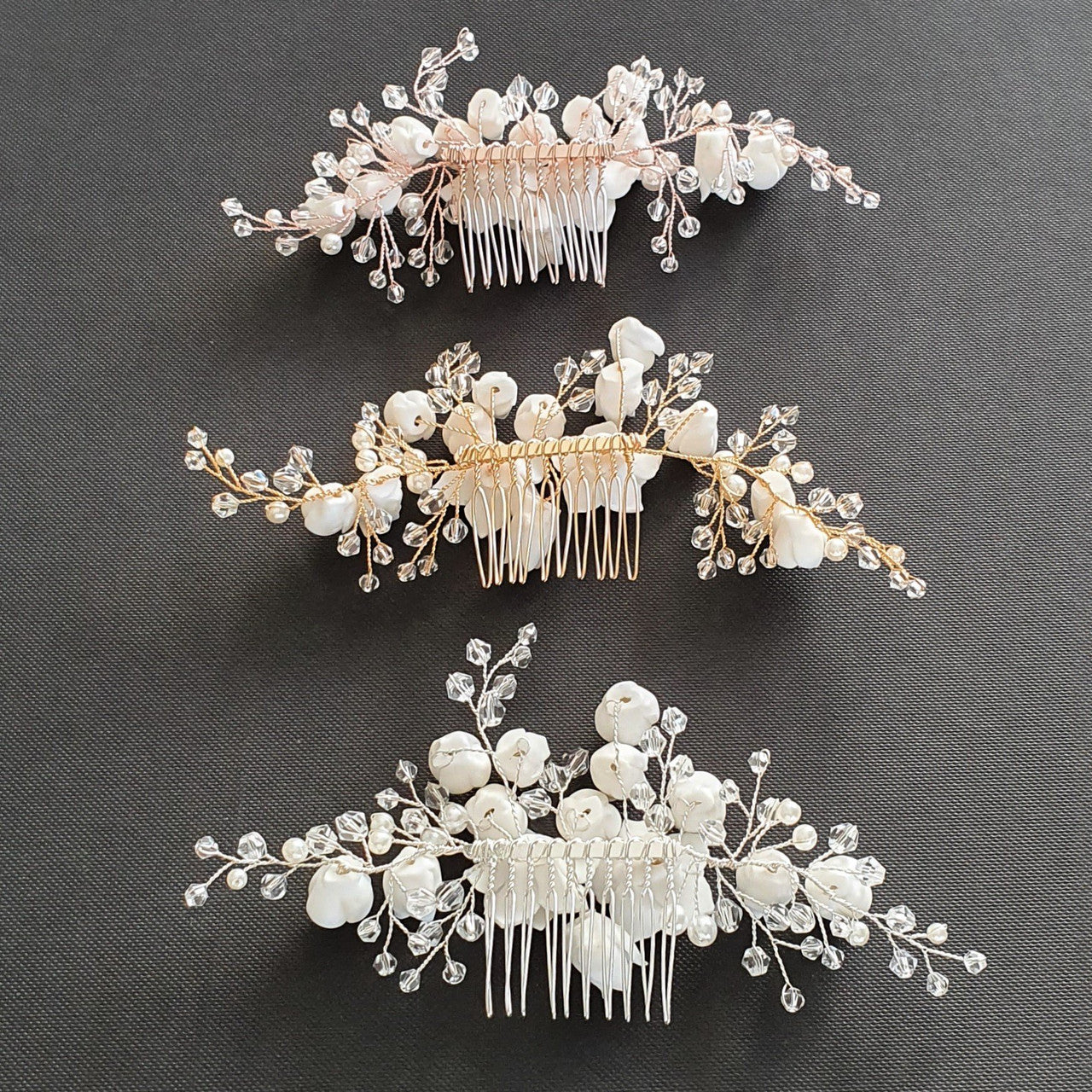 Gold Bridal Hair Comb with White Porcelain Flower & Crystal Beads-Tulip