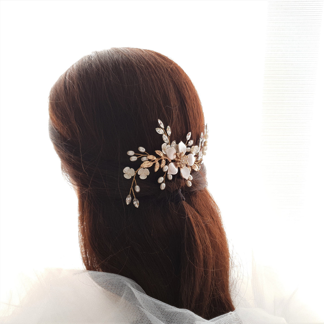 Jewelled Rose Gold Bridal Hair Comb with Pearl & Crystal Leaves-Freya