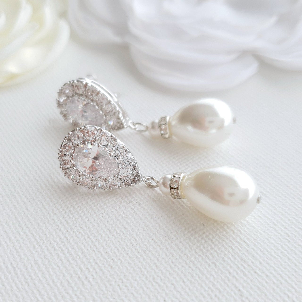 Cubic Zirconia & Pearl Silver Earrings for Weddings- Poetry Designs