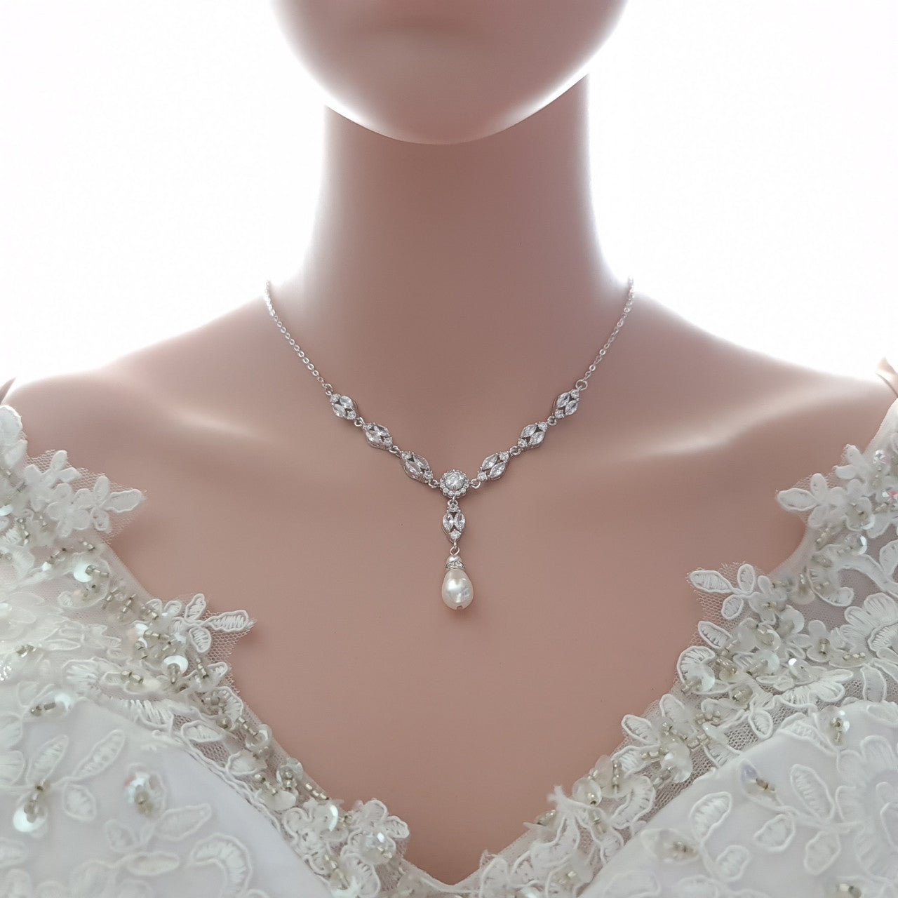Bridal Back Necklace with Pearl & Crystal Backdrop for Weddings- Hayley